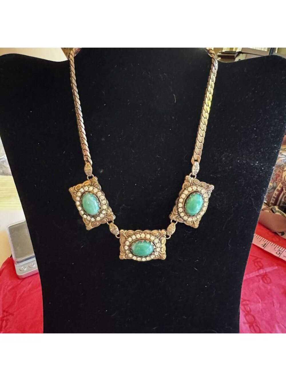 Art Deco Peking Glass Cabochon Rhinestone Brass Filigree Necklace